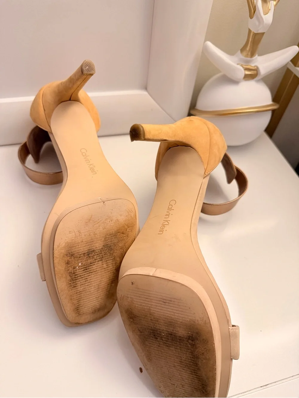 Calvin Klein Nude and Gold Ankle-Strap Stiletto Sandals